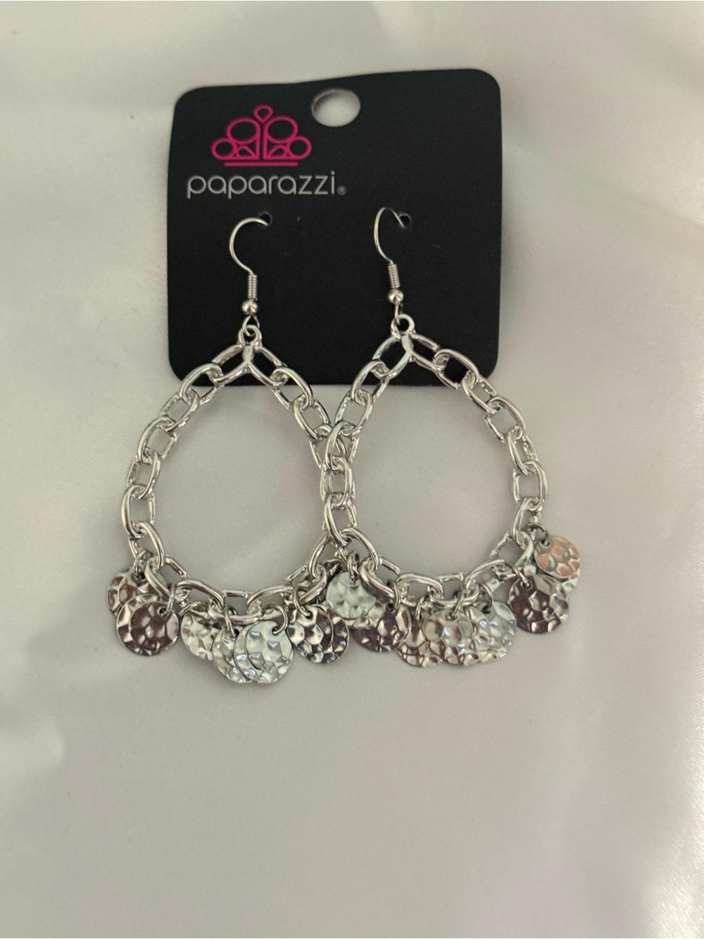 Paparazzi Silver tone Chain Hoop Earrings with Hammered Discs